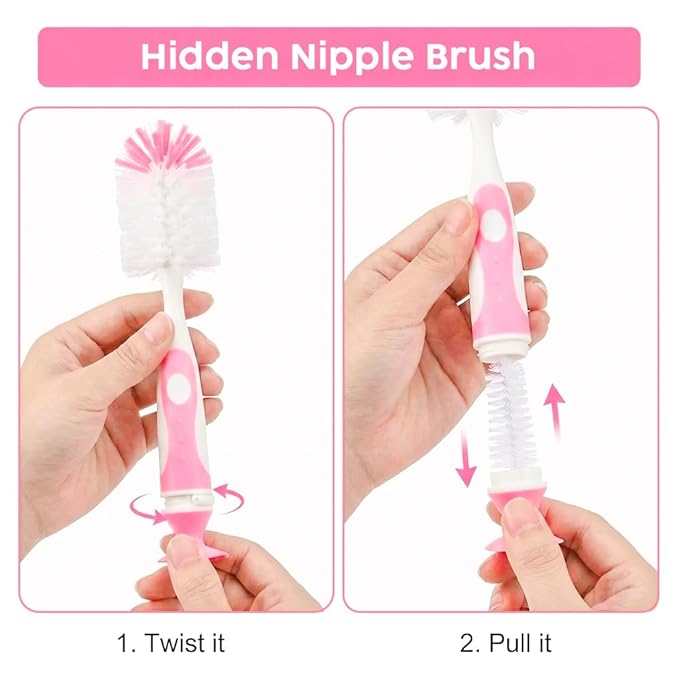 5-in-1 Baby Bottle Brush Set, Including Nylon and Silicone Bottle Brush, Cap, Straw, Nipple Brushes, BPA-Free (Pink)