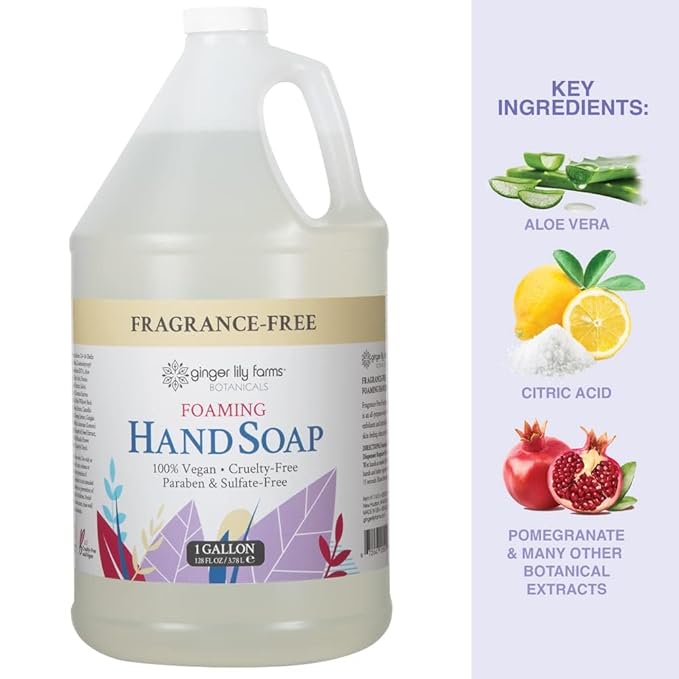 Ginger Lily Farms Botanicals All-Purpose Foaming Hand Soap Refill, Fragrance Free, 100% Vegan & Cruelty-Free, Unscented, 1 Gallon (Pack of 4)