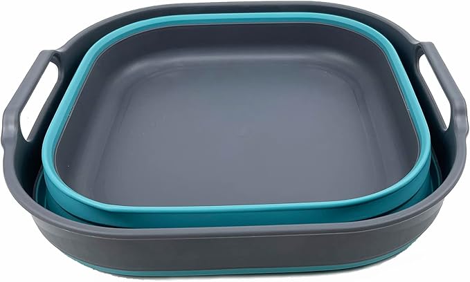 SAMMART 10L (2.64) Collapsible Plastic Dishpan - Foldable Washing Basin - Portable Dish Washing Tub - Space Saving Kitchen Storage Tray (Grey/Crystal Blue)