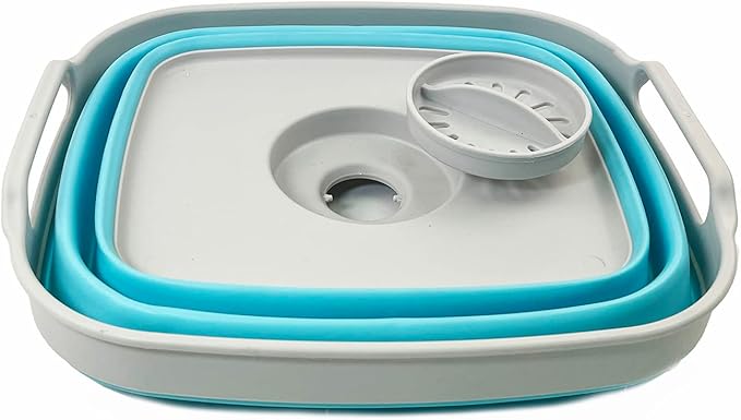 SAMMART 7.5L (2 Gallons) Collapsible Dishpan with Draining Plug - Foldable Washing Basin - Portable Dish Washing Tub - Space Saving y (Grey/Cyanine, 1)