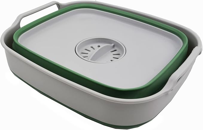 SAMMART 7.5L (2 Gallons) Collapsible Dishpan with Draining Plug - Foldable Washing Basin - Portable Dish Washing Tub - Space Saving Kitchen Storage Tray (Grey/Dark Sea Green, 1)