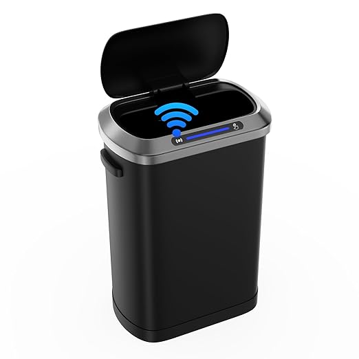 pouseayar Black 13 Gallon 50L Smart Automatic Trash Cans, Stainless-Steel Thickened Body with Super Mute Sensor Lid and 30 Count Garbage Bags for Kitchen Office Bedroom Waste Bin and More
