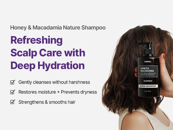 KUNDAL Honey & Macadamia Shampoo – Deep Moisturizing & Damage Repair, Pink Grapefruit Scent, Sulfate-Free Korean Hair Care, 16.9 fl oz (500ml)