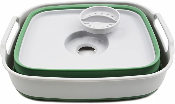 SAMMART 7.5L (2 Gallons) Collapsible Dishpan with Draining Plug - Foldable Washing Basin - Portable Dish Washing Tub - Space Saving Kitchen Storage Tray (Grey/Dark Sea Green, 1)