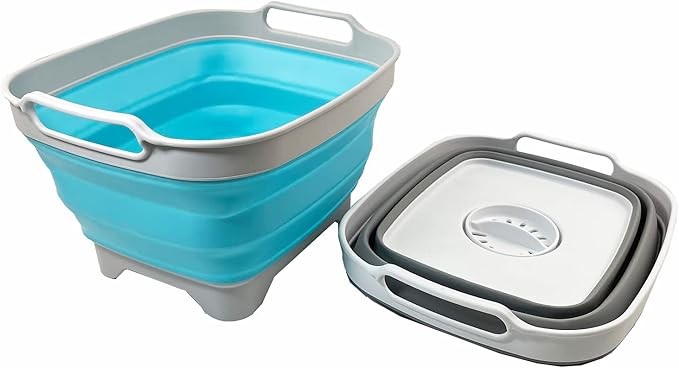 SAMMART 7.5L (2 Gallons) Collapsible Dishpan with Draining Plug - Foldable Washing Basin - Portable Dish Washing Tub - Space Saving y (Grey + Cyanine, 2)