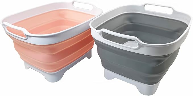 SAMMART 7.5L (2 Gallons) Collapsible Dishpan with Draining Plug - Foldable Washing Basin - Portable Dish Washing Tub - Space Saving y (Grey + Pearl Blush, 2)