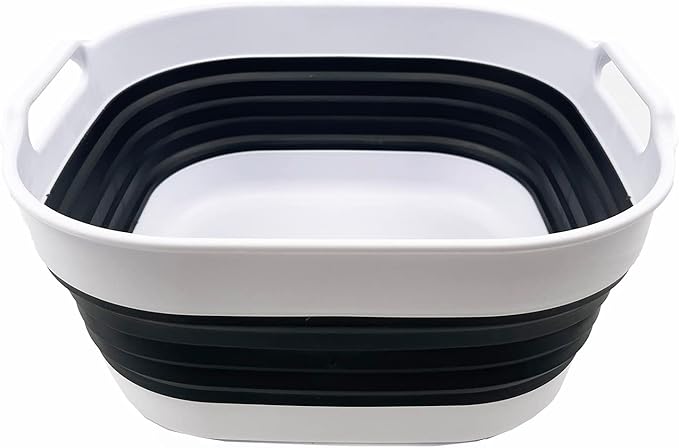 SAMMART 10L (2.64) Collapsible Plastic Dishpan - Foldable Washing Basin - Portable Dish Washing Tub - Space Saving Kitchen Storage Tray (White/Charcoal Black)