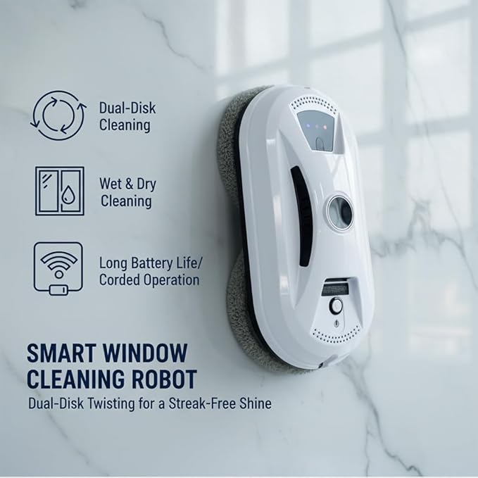 Window Cleaner Robot, 2800Pa Suction Automatic Window Cleaning Robot with 10pcs Cloths, Edge Detection & Anti-Drop Protection, Remote Control & 3 Cleaning Modes, Glass Vacuum Cleaner for Home