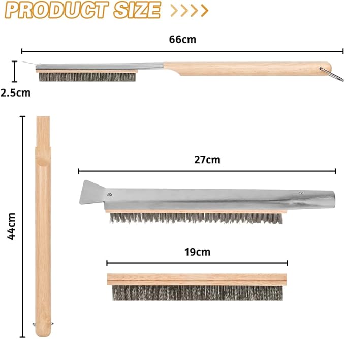 Pizza Oven Brush, 26" Brush and Stainless Steel Scraper for Pizza Stone, BBQ Grill Cleaning Brush Non Scratch Heat Proof Stainless Steel Bristles with Screwdriver for Pizza Oven Accessories