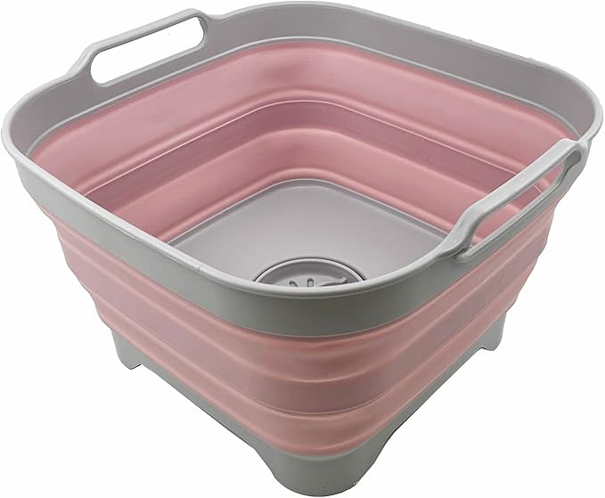 SAMMART 10L (2.64 Gallon) Collapsible Dishpan with Draining Plug - Foldable Washing Basin - Portable Dish Washing Tub - Space Saving Kitchen Storage Tray (Grey/Pale Pink)