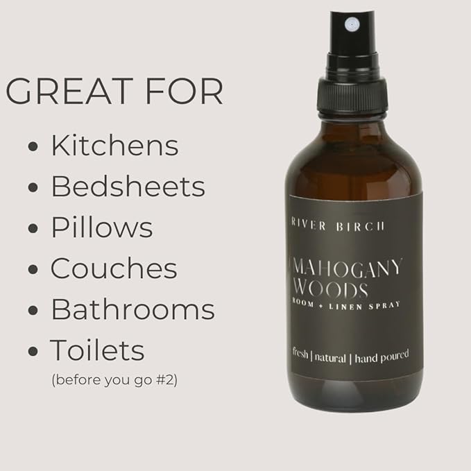 River Birch Mahogany Woods Scented Linen and Room Spray | Home Fragrance | 4 oz Glass Amber Bottle | Luxury Signature Scent | Handmade in Texas