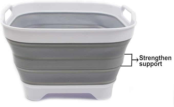 SAMMART 10L (2.64 gallon) Collapsible Dishpan with Draining Plug - Foldable Washing Basin - Portable Dish Washing Tub - Space Saving Kitchen Storage Tray (2, White/Grey)