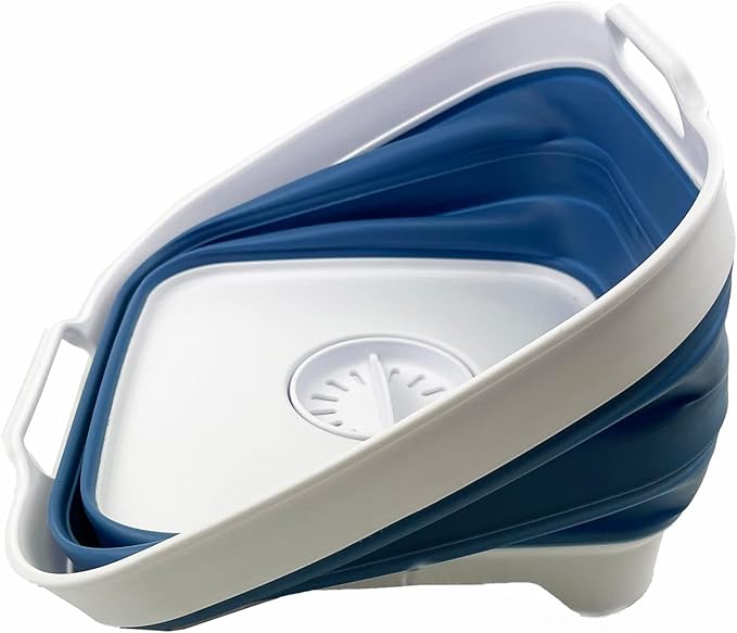 SAMMART 10L (2.64 Gallon) Collapsible Dishpan with Draining Plug - Foldable Washing Basin - Portable Dish Washing Tub - Space Saving Kitchen Storage Tray (White/Metalic Blue)