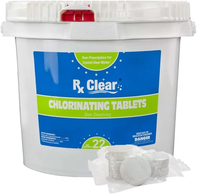 Rx Clear 3" Inch No Grab Chlorine Tabs | 22 Pound Bucket | Use Tablets As Bactericide, Algaecide Disinfectant in Swimming Pools | Water Soluble No Need to Take Out of Wrapper