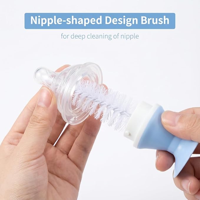 5-in-1 Baby Bottle Brush Set, Including Nylon and Silicone Bottle Brush, Bottle Cap, Straw and Nipple Cleaner, BPA-Free (Blue)