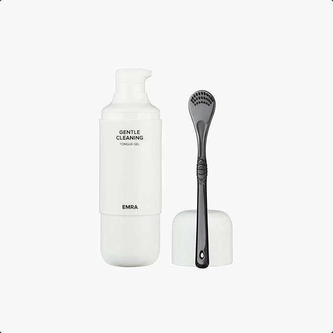 EMRA Gentle Cleaning Tongue Gel + Dual-Sided Cleaner in Black - Fluoride-Free Formula with Peppermint & Chamomile for Fresh Breath & Sensitive Tongue Care