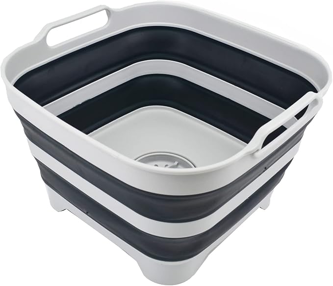 SAMMART 10L (2.64 gallon) Collapsible Dishpan with Draining Plug - Foldable Washing Basin - Portable Dish Washing Tub - Space Saving Kitchen Storage Tray (Grey/Slate Grey)