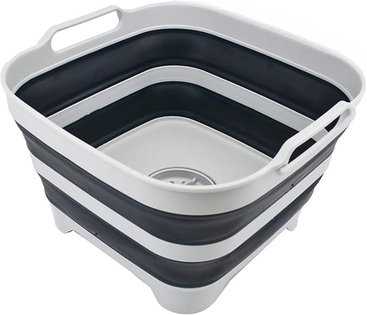 SAMMART 10L (2.64 gallon) Collapsible Dishpan with Draining Plug - Foldable Washing Basin - Portable Dish Washing Tub - Space Saving Kitchen Storage Tray (Grey/Slate Grey)