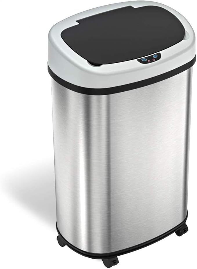 iTouchless SensorCan 50 Liter / 13 Gallon Kitchen Trash Can with Wheels & Odor Filter – Mobile Motion Sensor Stainless Steel Garbage Bin for Home, Office, Garage, Slim Oval Shape Large Capacity Design