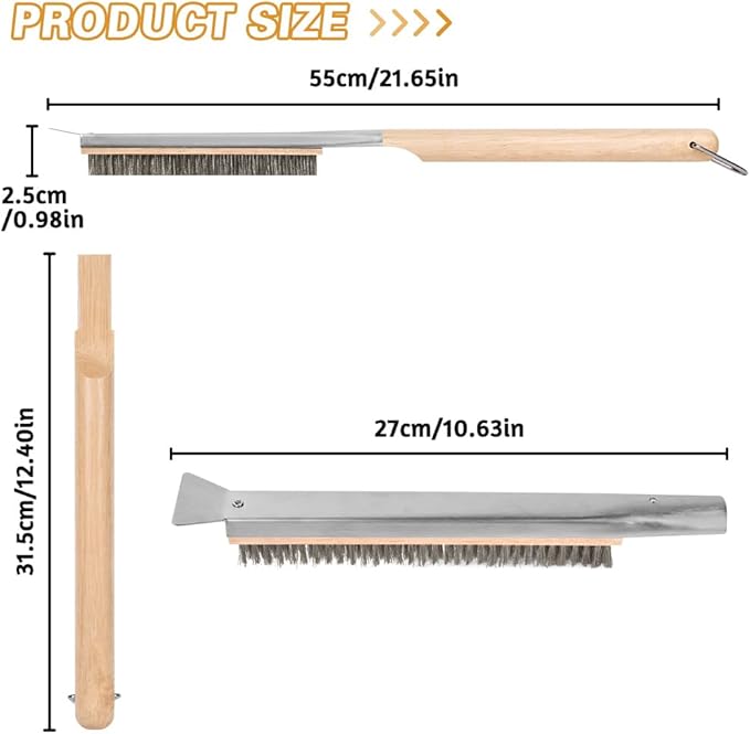 Pizza Oven Brush, 21" Brush and Stainless Steel Scraper for Pizza Stone, BBQ Grill Cleaning Brush Non Scratch Heat Proof Stainless Steel Bristles with Screwdriver for Pizza Oven Accessories
