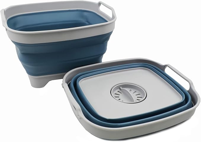 SAMMART 7.5L (2 Gallons) Collapsible Dishpan with Draining Plug - Foldable Washing Basin - Portable Dish Washing Tub - Space Saving y (Grey/Steel Blue (Set of 2), 2)