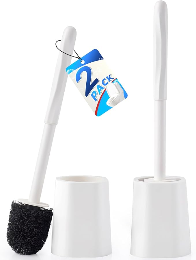 2 Pack Toilet Brush for Bathroom, Toilet Brush and Holder Set, Toilet Bowl Brush with Long Handle for Drip-Proof Deep Cleaning with Hidden Scrubber Brush White