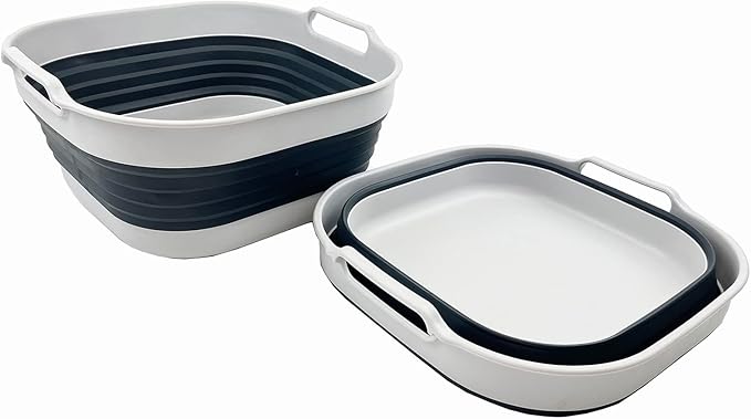 SAMMART 10L (2.64 Gallon) Collapsible Dishpan - Foldable Washing Basin - Portable Dish Washing Tub - Space Saving Kitchen Storage Tray (Grey/Slate Grey (Set of 2))