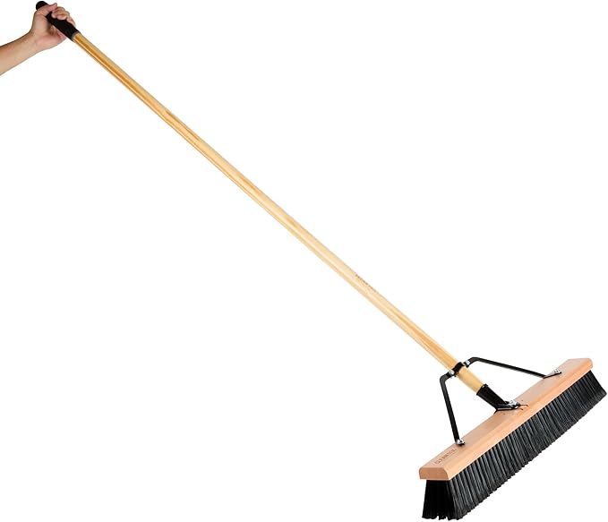 Restaurantware-Clean Tek Professional 24 Inch Push Broom, 1 Heavy-Duty Broom with 60â€ Handle - Fine Plastic Bristles, Durable, Wooden, Commercial Use, for Deck, Driveway, Garage, Yard, Patio