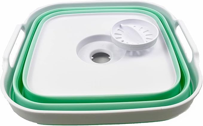 SAMMART 10L (2.64 Gallon) Collapsible Dishpan with Draining Plug - Foldable Washing Basin - Portable Dish Washing Tub - Space Saving Kitchen Storage Tray (White/Pale Jade)