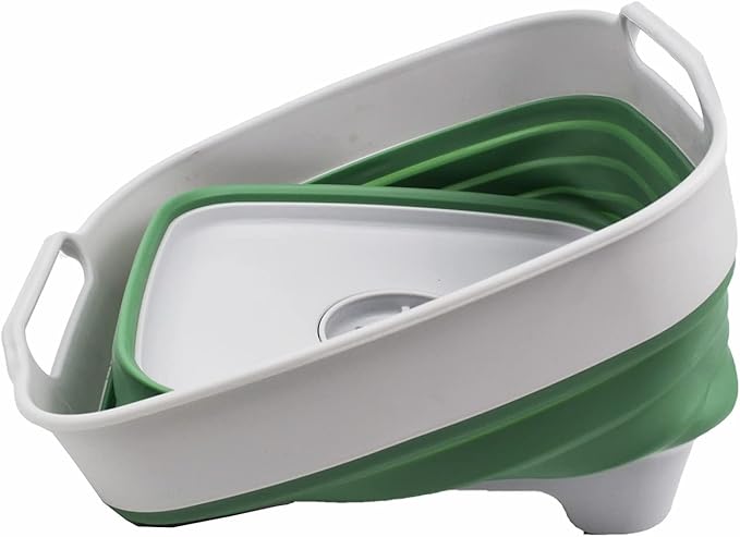 SAMMART 7.5L (2 Gallons) Collapsible Dishpan with Draining Plug - Foldable Washing Basin - Portable Dish Washing Tub - Space Saving Kitchen Storage Tray (Grey/Dark Sea Green, 1)