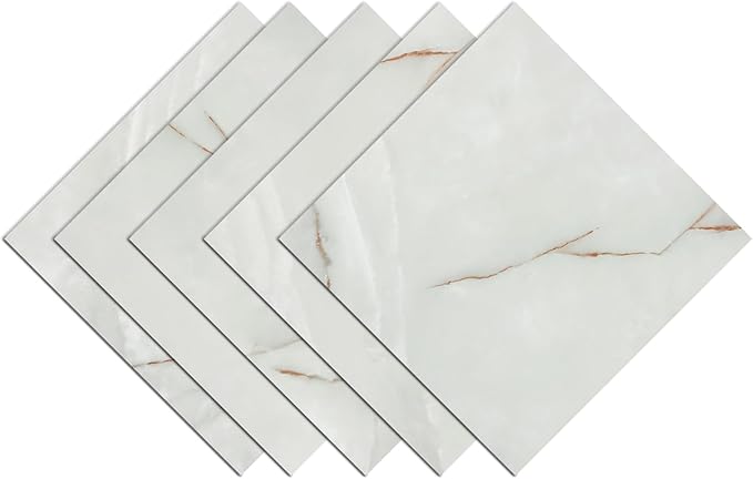LIKILIKI White/Gray Marble Peel and Stick Floor Tile for Bathroom Waterproof Marble Vinyl Flooring Tiles Stick on Floor Tiles Removable Thick Flooring Tile for Bedroom Kitchen Living Room 5PCS 12"x12"