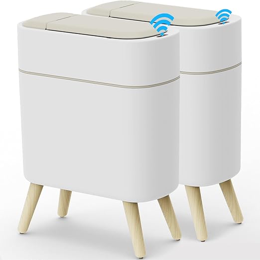 Yatmung 2 Pack - Motion Sensor Trash Can with Lid Slim Smart Garbage Can - Waste Basket for Bedroom, Office, Kitchen, Living Room - Automatic Trash Can Bathroom Touchless - White with Wooden Legs