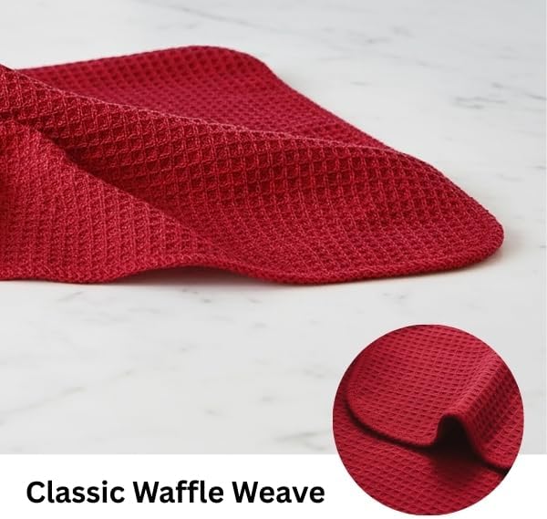 PurpleEssences Dish Cloths and Dish Rags - 6 Pack Waffle Weave Solid Kitchen Dish Wash Cloths, 100% Cotton, 12 x 12 Inches, Ultra Soft Absorbent Quick Drying - Christmas Holiday Winter - Red