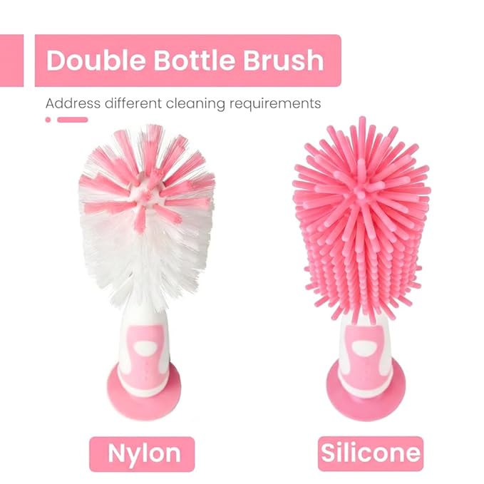 5-in-1 Baby Bottle Brush Set, Including Nylon and Silicone Bottle Brush, Cap, Straw, Nipple Brushes, BPA-Free (Pink)