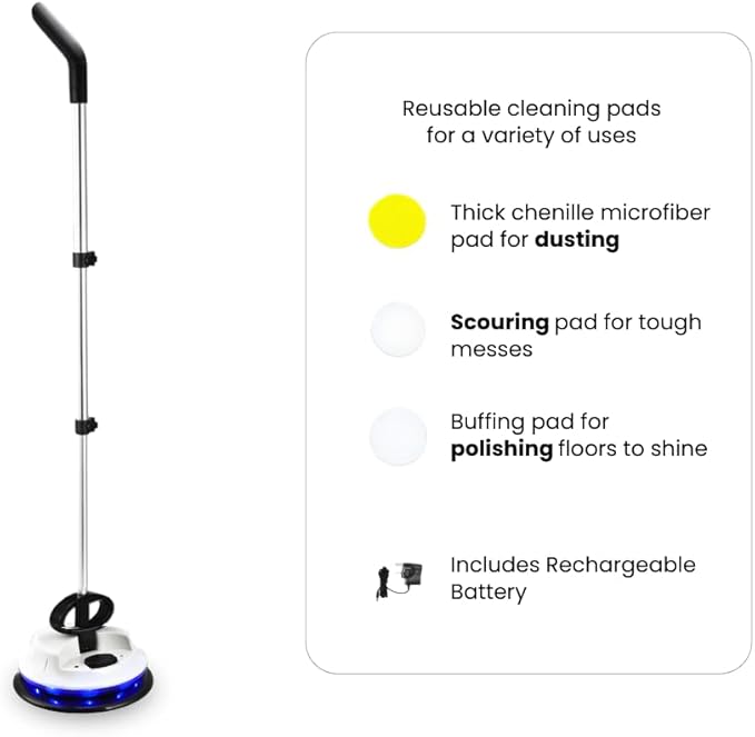 Electric Spin Mop, Duster, and Polisher, LED Lights, Ewbank Nifftee Floor and Surface Cleaner, 37 in., 150RPM, 2 lb., White
