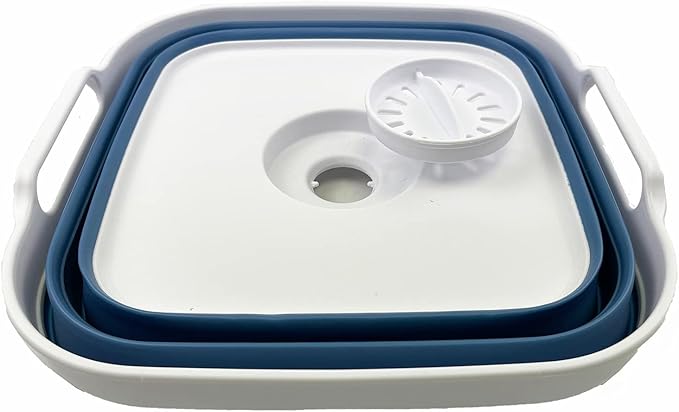 SAMMART 10L (2.64 Gallon) Collapsible Dishpan with Draining Plug - Foldable Washing Basin - Portable Dish Washing Tub - Space Saving Kitchen Storage Tray (White/Metalic Blue)