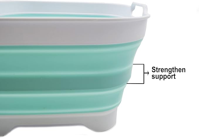 SAMMART 10L (2.64 gallon) Collapsible Dishpan with Draining Plug - Foldable Washing Basin - Portable Dish Washing Tub - Space Saving Kitchen Storage Tray (1, White/Lake Green)