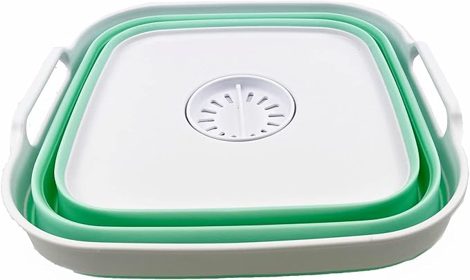 SAMMART 10L (2.64 Gallon) Collapsible Dishpan with Draining Plug - Foldable Washing Basin - Portable Dish Washing Tub - Space Saving Kitchen Storage Tray (White/Pale Jade)