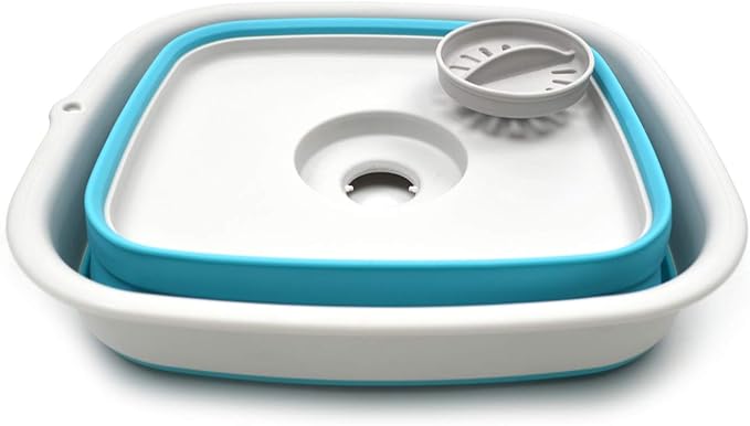 SAMMART 9.1L (2.4Gallon) Collapsible Dishpan with Draining Plug - Foldable Washing Basin - Portable Dish Washing Tub - Space Saving Kitchen Storage Tray (1, Grey/Brigt Blue)