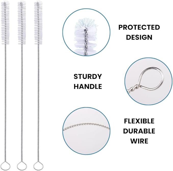 Strong 'n Flex Nylon Straw Cleaner Brushes – Fan-Shaped End for Tight Spaces, Ideal for Reusable Straws, Water Bottles, Sippy Cups & Pipes – Includes Zippered Pouch – 10" Long – Set of 3