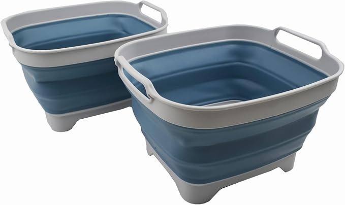SAMMART 7.5L (2 Gallons) Collapsible Dishpan with Draining Plug - Foldable Washing Basin - Portable Dish Washing Tub - Space Saving y (Grey/Steel Blue (Set of 2), 2)