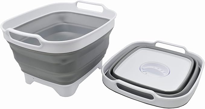 SAMMART 7.5L (2 Gallons) Collapsible Dishpan with Draining Plug - Foldable Washing Basin - Portable Dish Washing Tub - Space Saving y (White/Grey (Set of 2), 2)