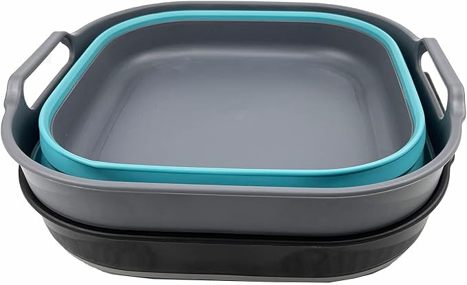 SAMMART 10L (2.64 gallon) Collapsible Dishpan - Foldable Washing Basin - Portable Dish Washing Tub - Space Saving Kitchen Storage Tray (Alloy Grey + Crystal Blue)