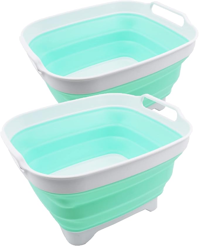 SAMMART 7.5L (2 Gallons) Collapsible Dishpan with Draining Plug - Foldable Washing Basin - Portable Dish Washing Tub - Space Saving y (White/Light Green (Set of 2), 2)