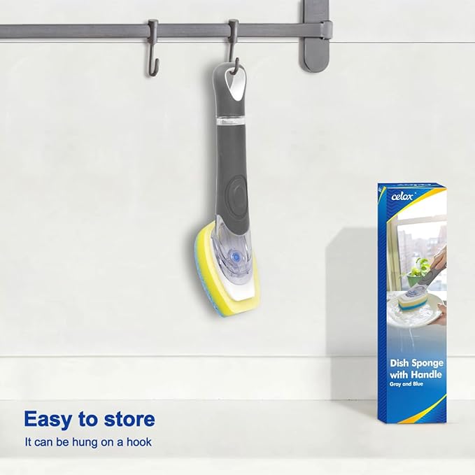 CELOX Dish Sponge with Handle, Non-Scratch Soap Dispensing Dishwand