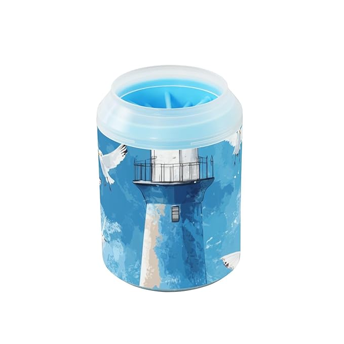 Dog Paw Cleaner Cups for Dogs Pets Foot Washer Paw Scrubber for Medium Small Dogs Cats Cleaning Cup Watercolor Blue Lighthouses and Seagulls