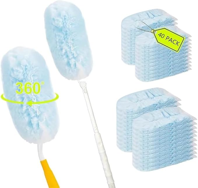 40 Count Disposable Dusters Refills Compatible with Swiffer Duster,Multi Surface 360° Heavy Duty Duster Refills for Cleaning Home,Celling Fan,Blinds,Vent&Shelves (1 Short Handle +1 Extenda Handle)