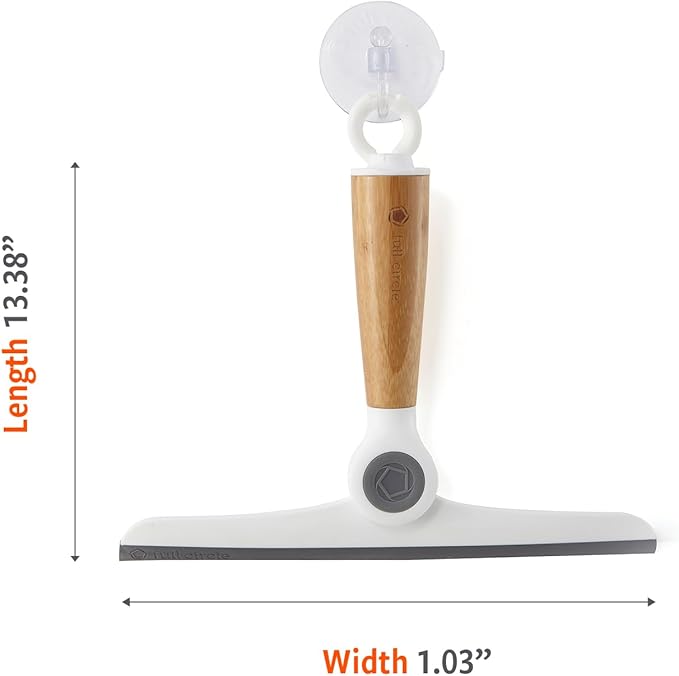 Full Circle Wipe Out, Pivoting Shower Squeegee with Hanging Hook and Suction Cup, Durable Bamboo Handle, White