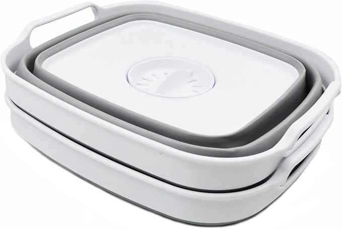 SAMMART 7.5L (2 Gallons) Collapsible Dishpan with Draining Plug - Foldable Washing Basin - Portable Dish Washing Tub - Space Saving y (White/Grey (Set of 2), 2)