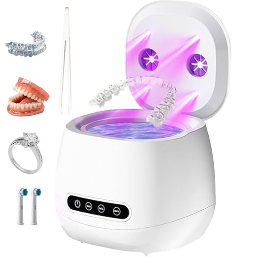 Ultrasonic Retainer Cleaner with UV Sterilizer, 45kHz Dental Cleaning Machine for Dentures, Aligners, Mouth Guards, Braces & Jewelry – Portable 200ML Rechargeable Cleaning Pod W190MAX (White)